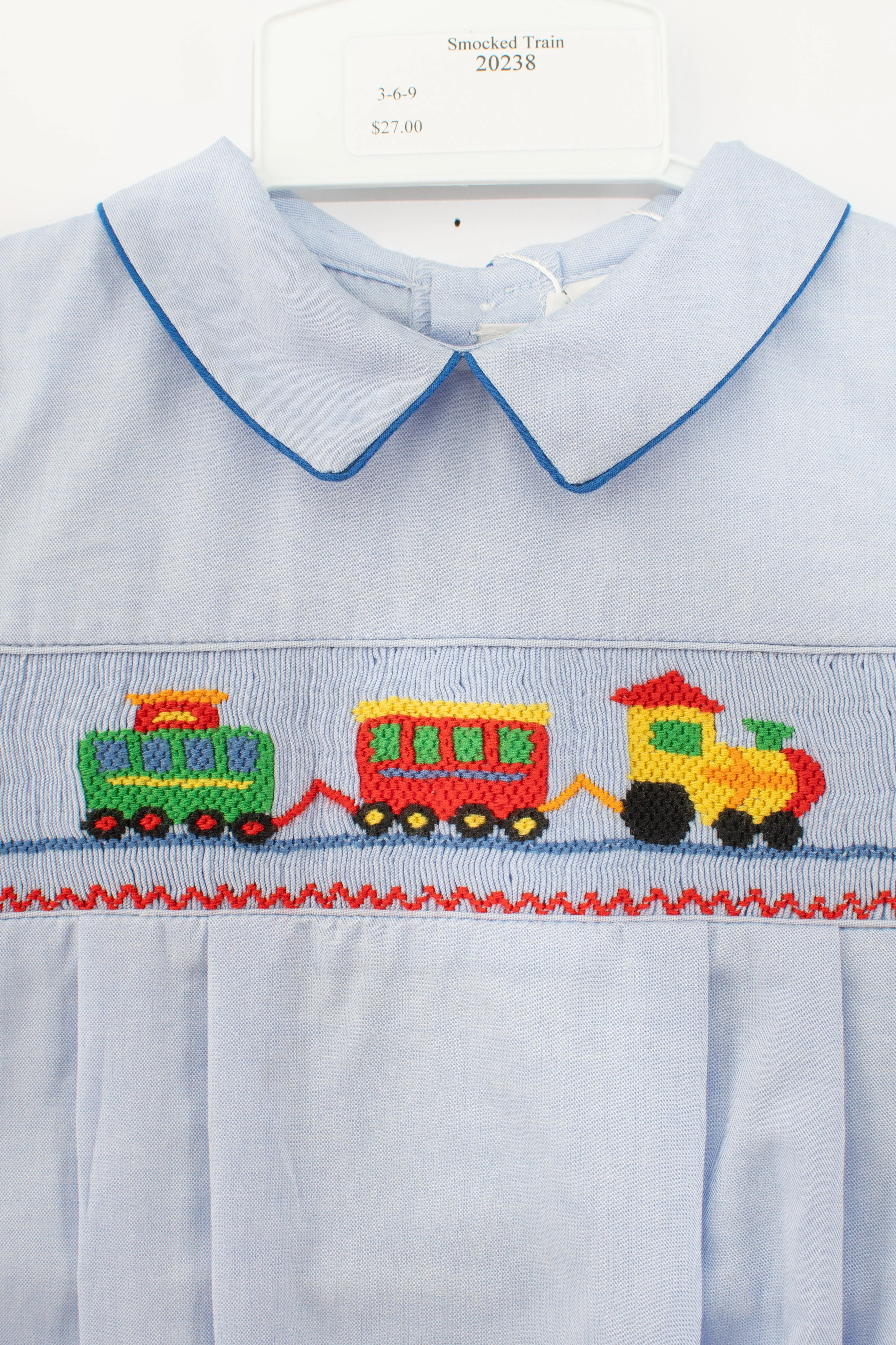 20238-Smocked Train Blue Baby Boy Bubble Romper