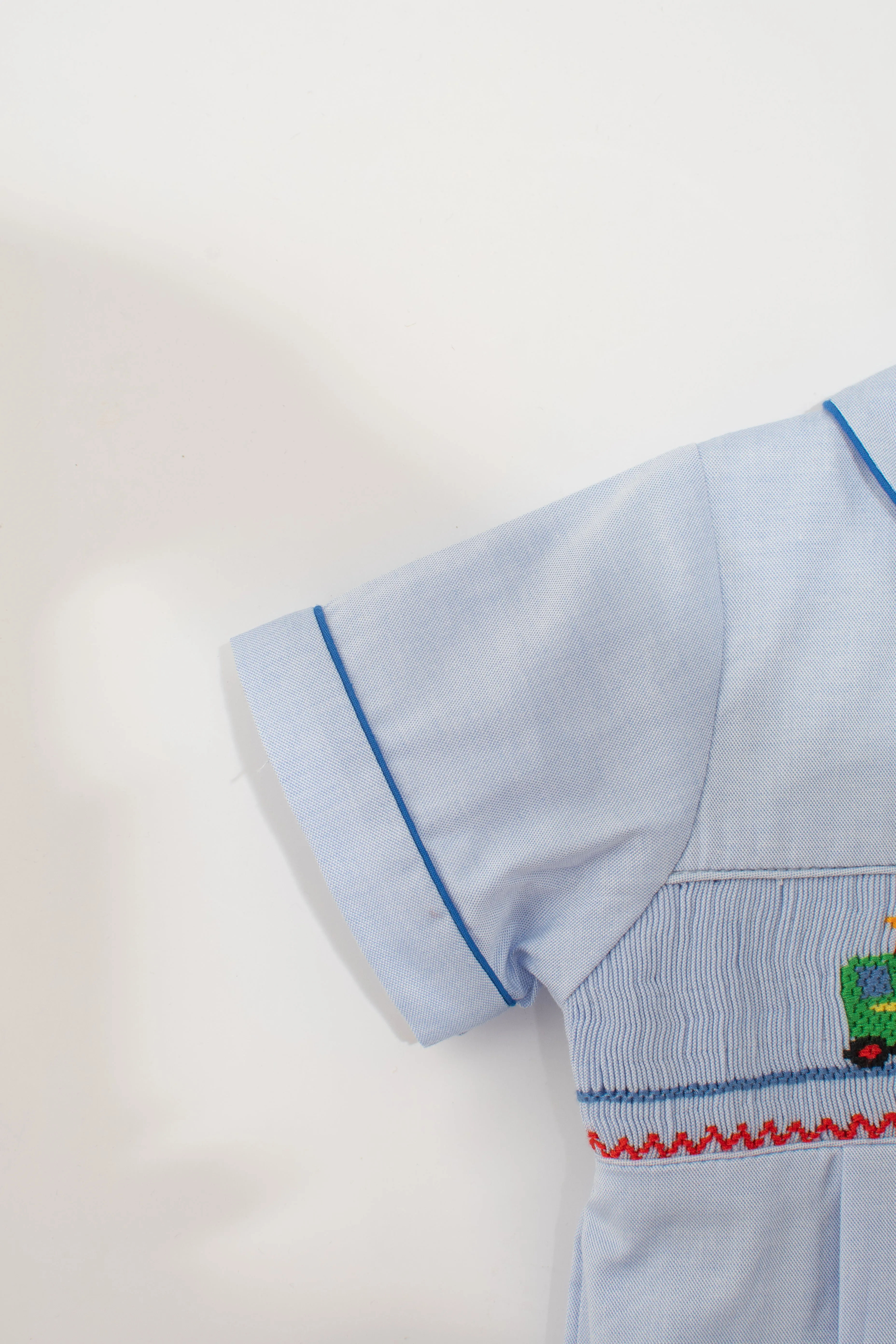20238-Smocked Train Blue Baby Boy Bubble Romper