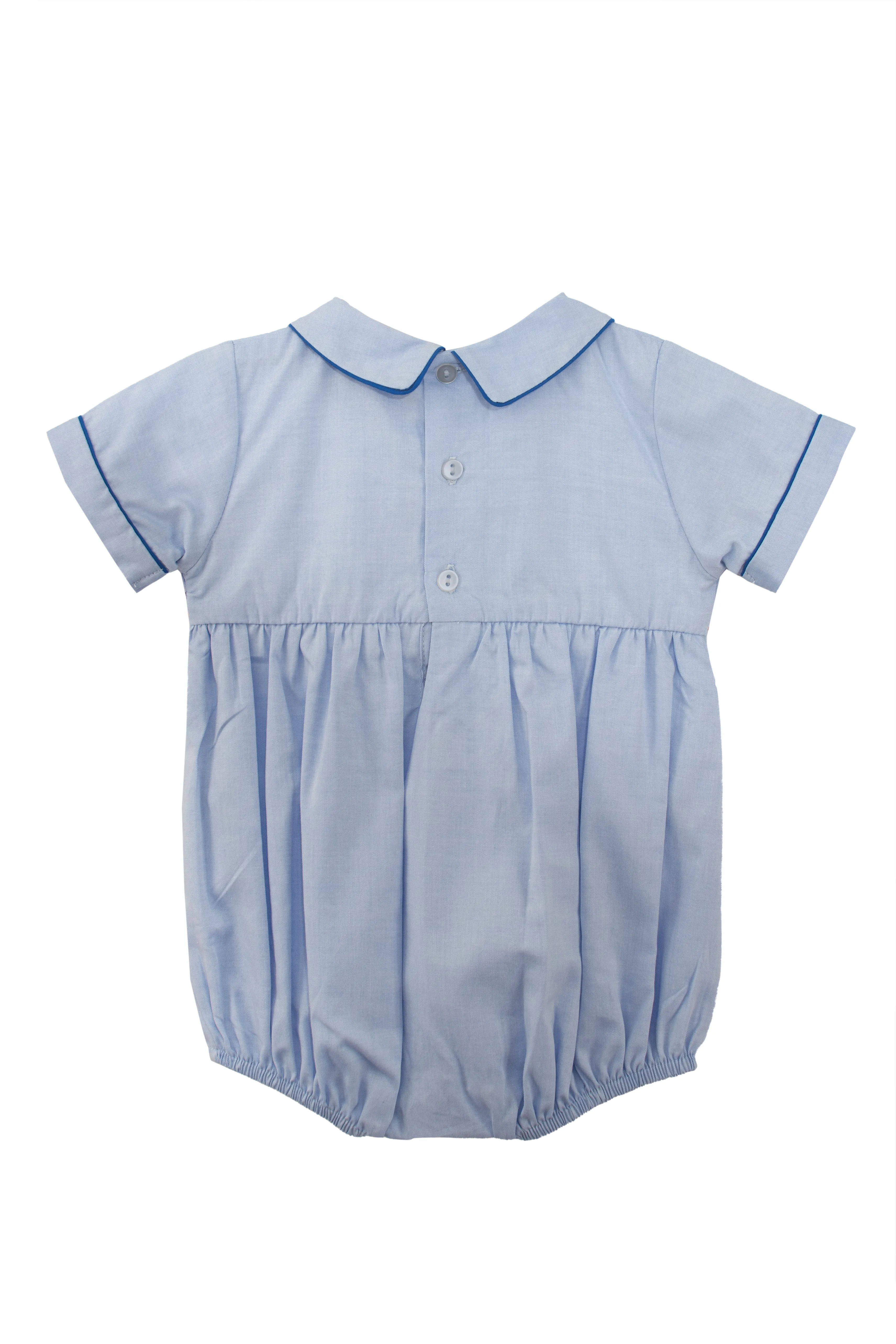 20238-Smocked Train Blue Baby Boy Bubble Romper