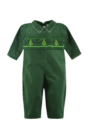 30033-Smocked Christmas Trees Baby Boy Long Romper