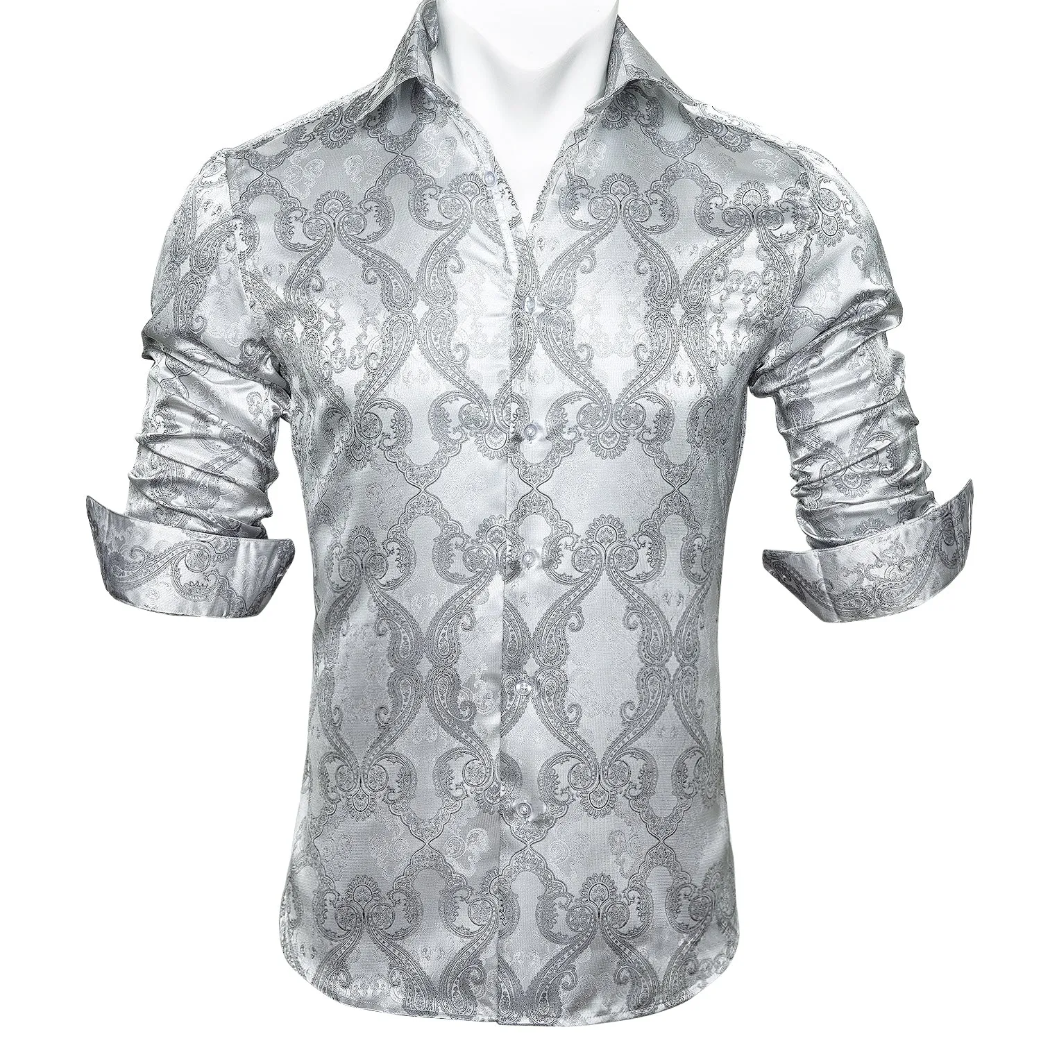 Barry Wang Long Sleeve Shirt Novelty Silver Paisley Silk Men's Button Up Shirt