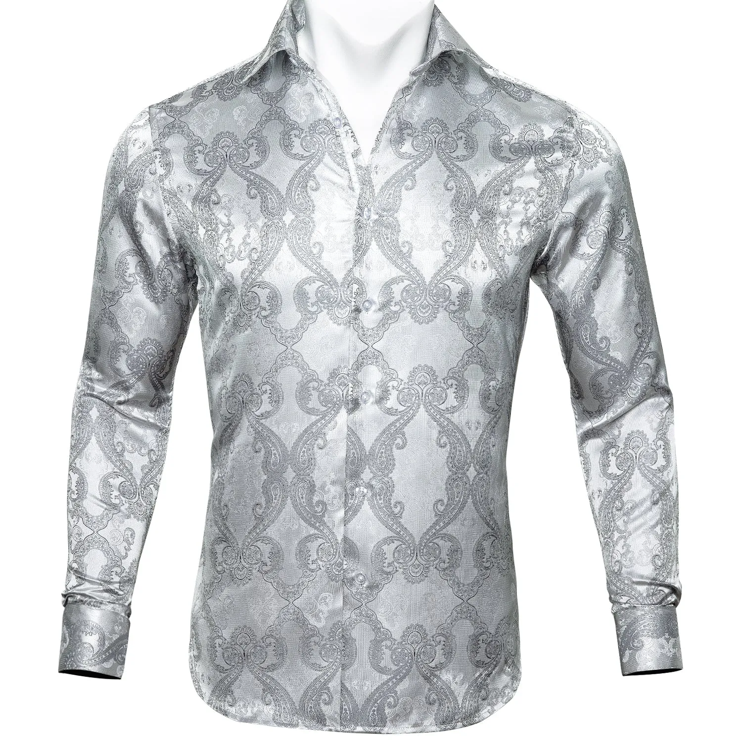 Barry Wang Long Sleeve Shirt Novelty Silver Paisley Silk Men's Button Up Shirt