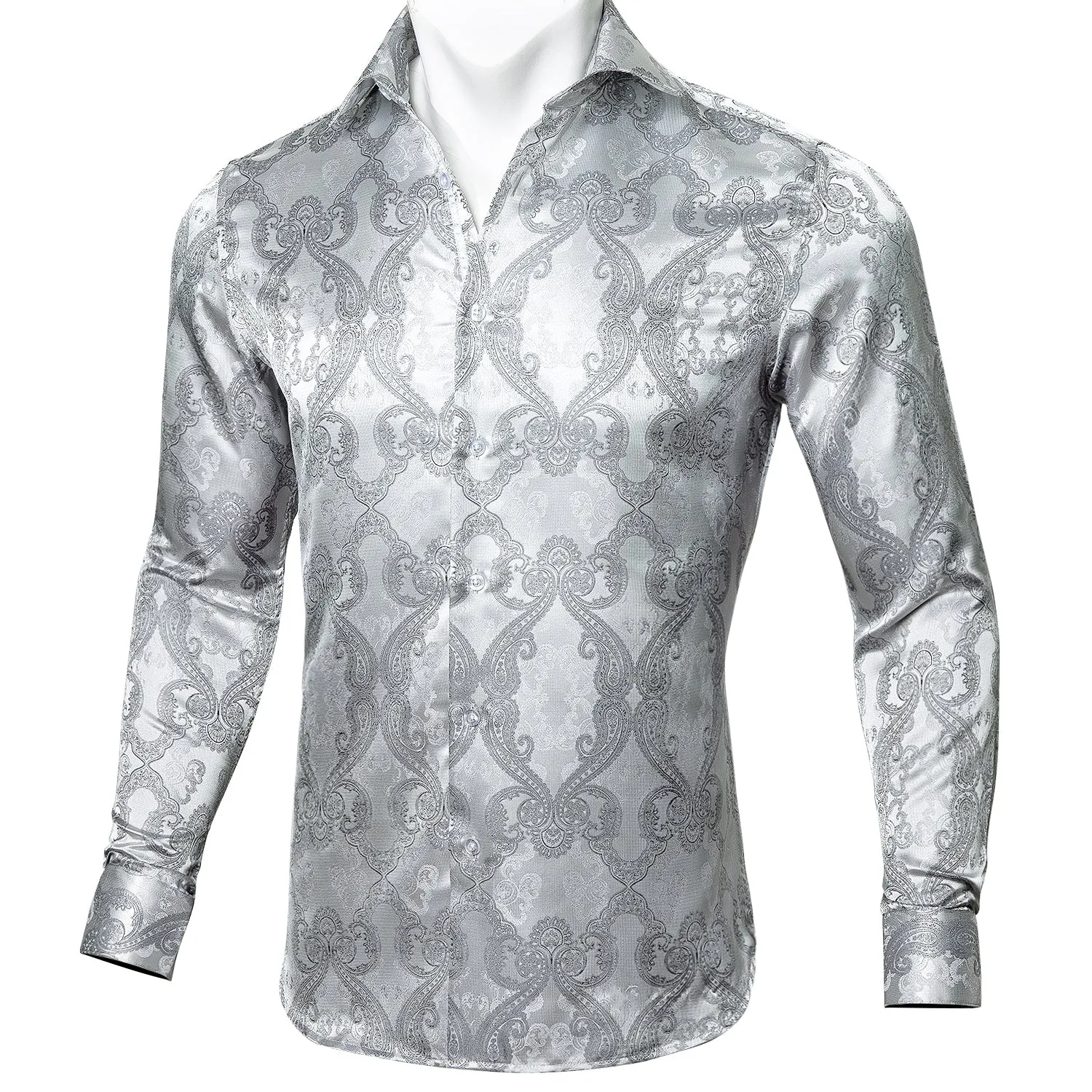 Barry Wang Long Sleeve Shirt Novelty Silver Paisley Silk Men's Button Up Shirt