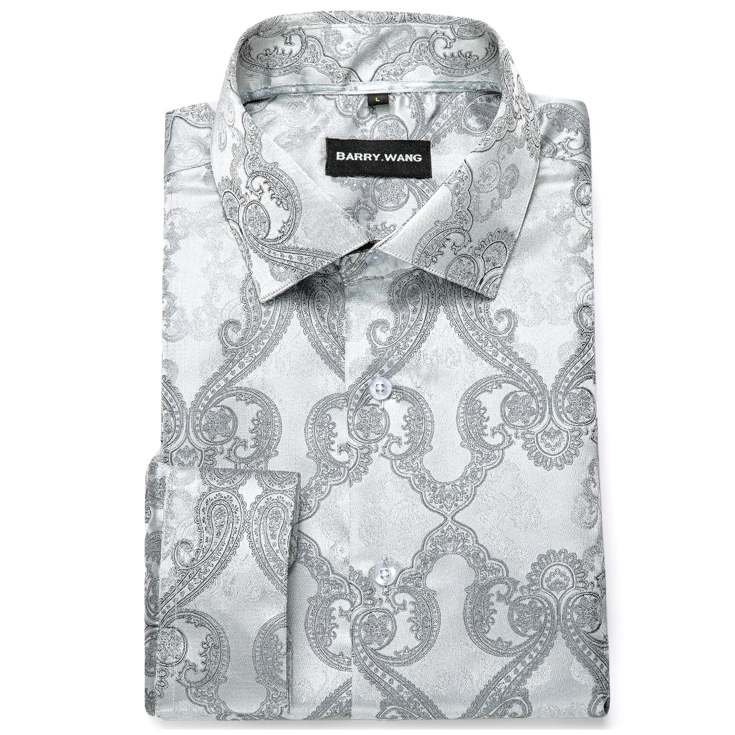 Barry Wang Long Sleeve Shirt Novelty Silver Paisley Silk Men's Button Up Shirt