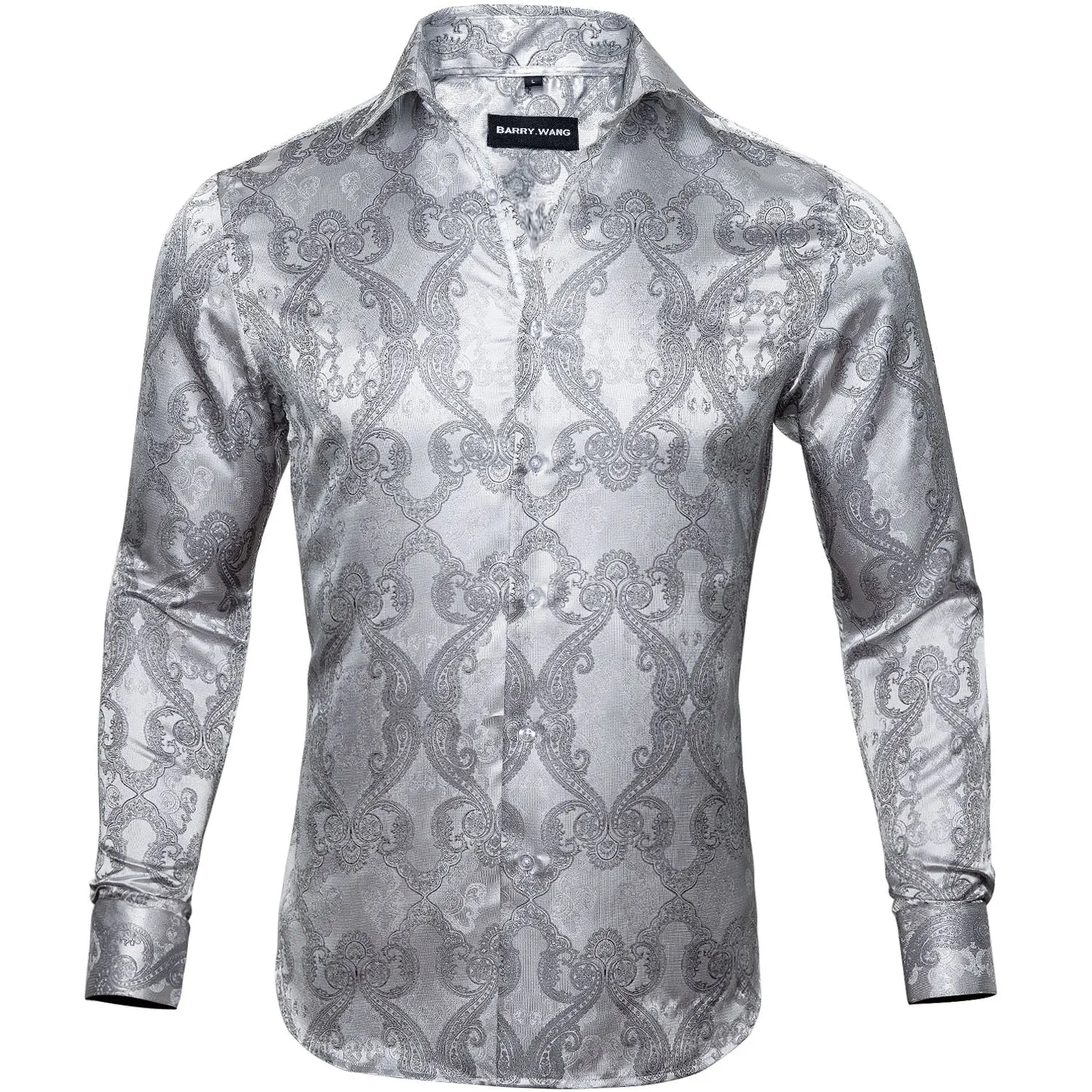 Barry Wang Long Sleeve Shirt Novelty Silver Paisley Silk Men's Button Up Shirt