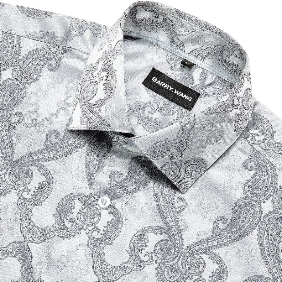 Barry Wang Long Sleeve Shirt Novelty Silver Paisley Silk Men's Button Up Shirt
