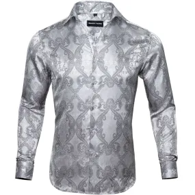 Barry Wang Long Sleeve Shirt Novelty Silver Paisley Silk Men's Button Up Shirt