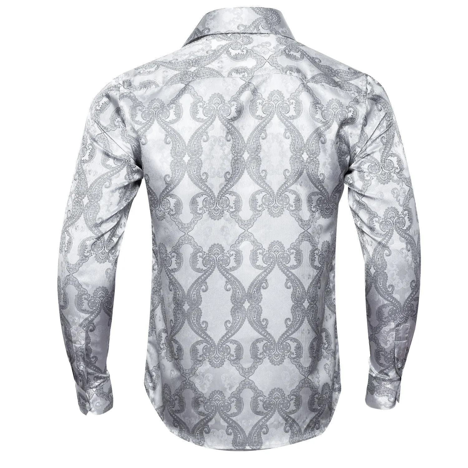 Barry Wang Long Sleeve Shirt Novelty Silver Paisley Silk Men's Button Up Shirt