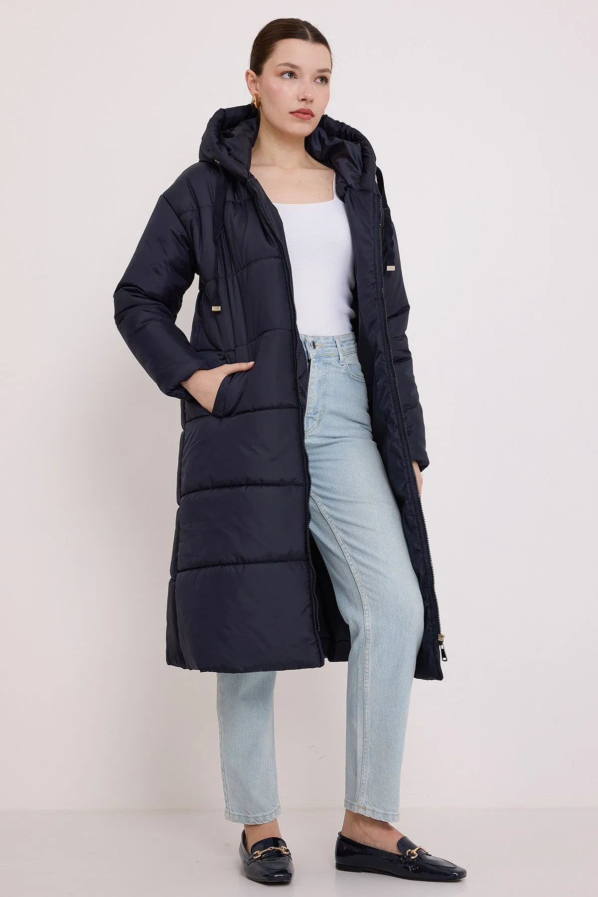 BGD Women Woman Navy Blue Hooded Long Puffer Coat 5120 - Oxnard