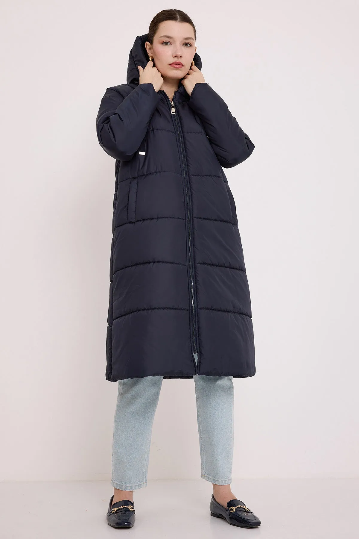 BGD Women Woman Navy Blue Hooded Long Puffer Coat 5120 - Oxnard