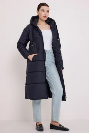 BGD Women Woman Navy Blue Hooded Long Puffer Coat 5120 - Oxnard