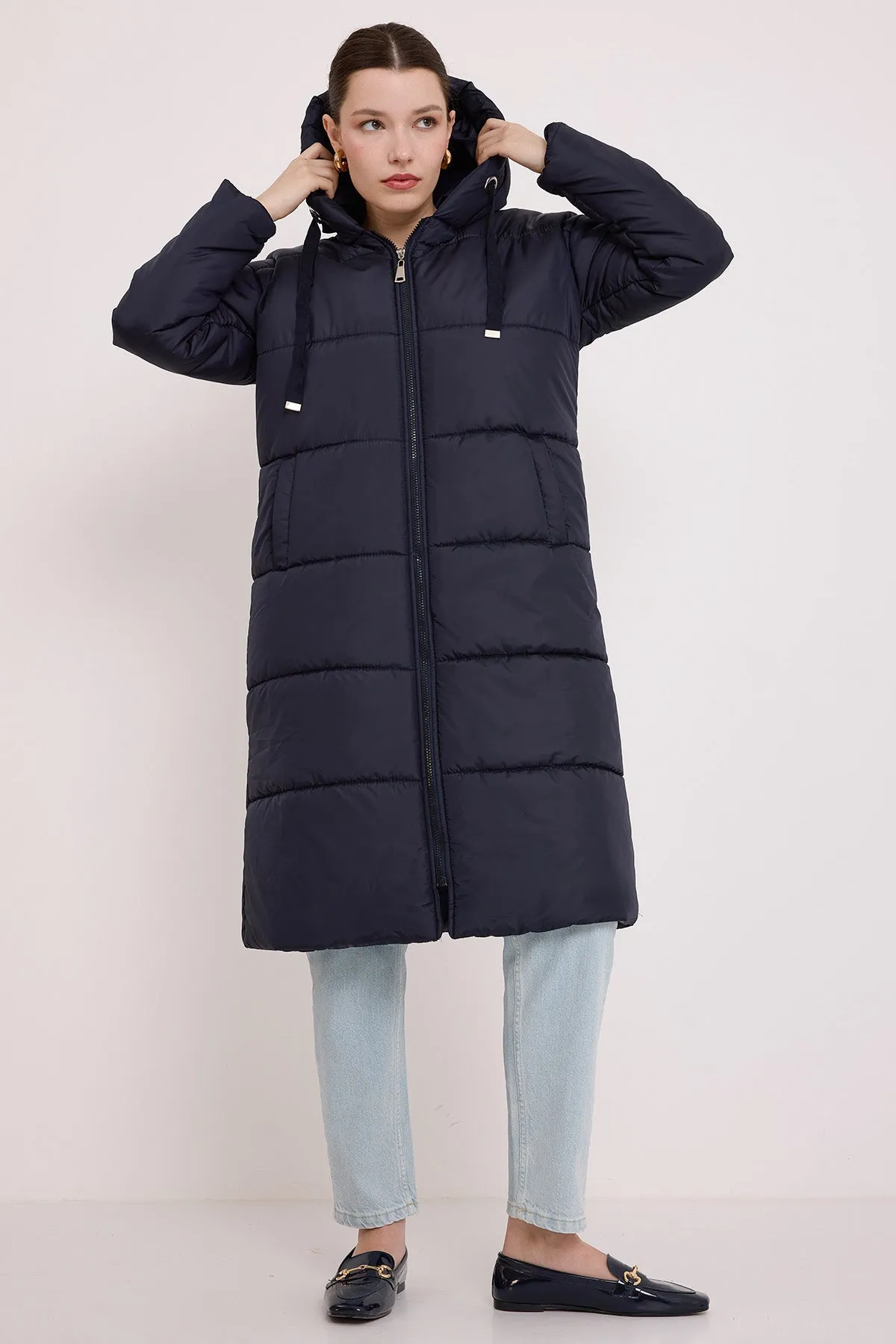 BGD Women Woman Navy Blue Hooded Long Puffer Coat 5120 - Oxnard