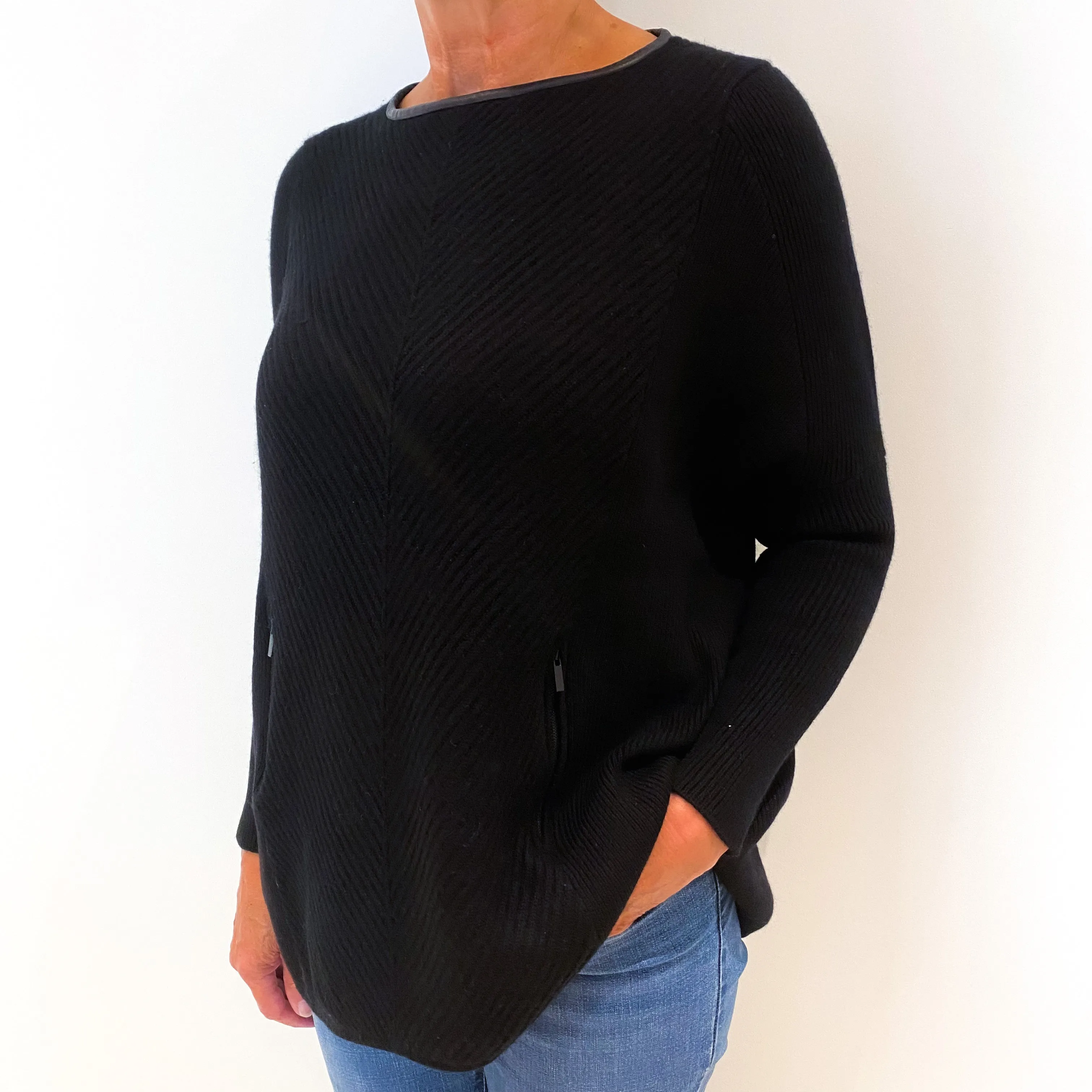 Black Chunky Rib Cashmere Crew Neck Jumper with Pockets Medium