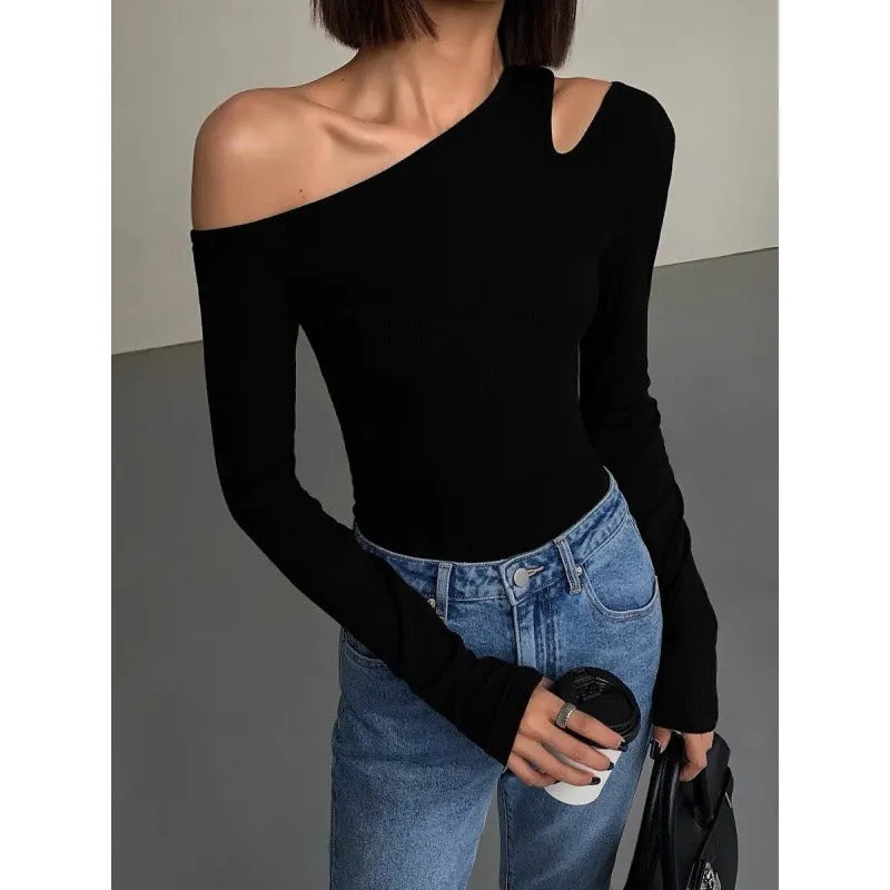 Black off-shoulder long sleeve knitted T-shirt autumn new slim-fit design feeling base shirt top