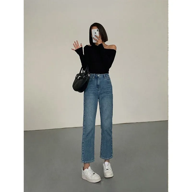 Black off-shoulder long sleeve knitted T-shirt autumn new slim-fit design feeling base shirt top