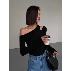 Black off-shoulder long sleeve knitted T-shirt autumn new slim-fit design feeling base shirt top
