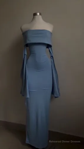 Blue Strapless Prom Dress Long Sleeve Bodycon Party Dress