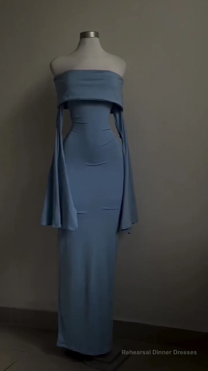 Blue Strapless Prom Dress Long Sleeve Bodycon Party Dress