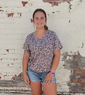 Brown V Neck Front Pocket Leopard Tee