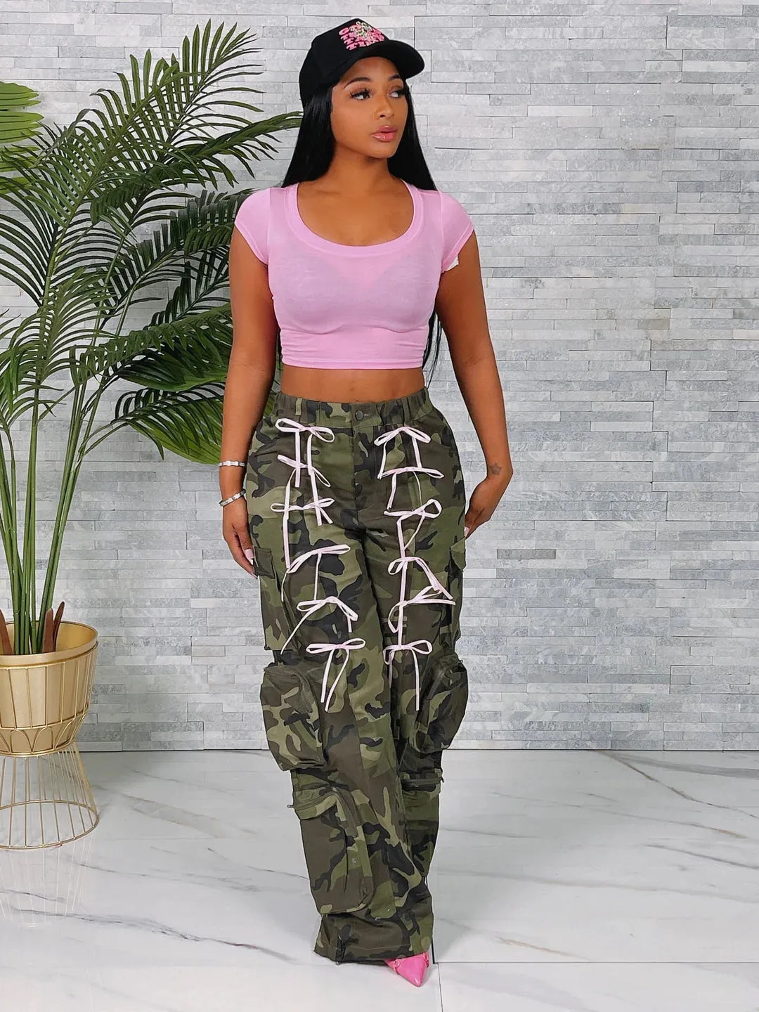 Camo Cargo Wide-Leg Pants with Ribbon