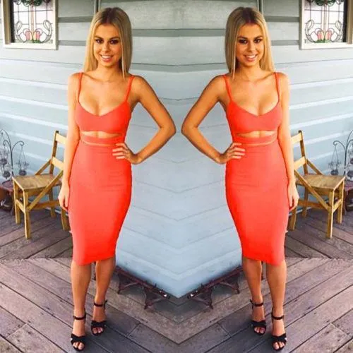 Clearance Spaghetti Strap Hollow Out Solid Bodycon Stretch Club Dress