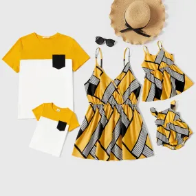 Family Matching Cotton Colorblock Short-sleeve Tee and Allover Geo Print Cami Tops