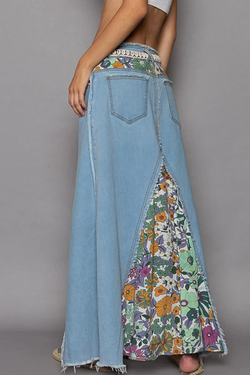 Flower Child Floral Patched Denim Maxi Skirt
