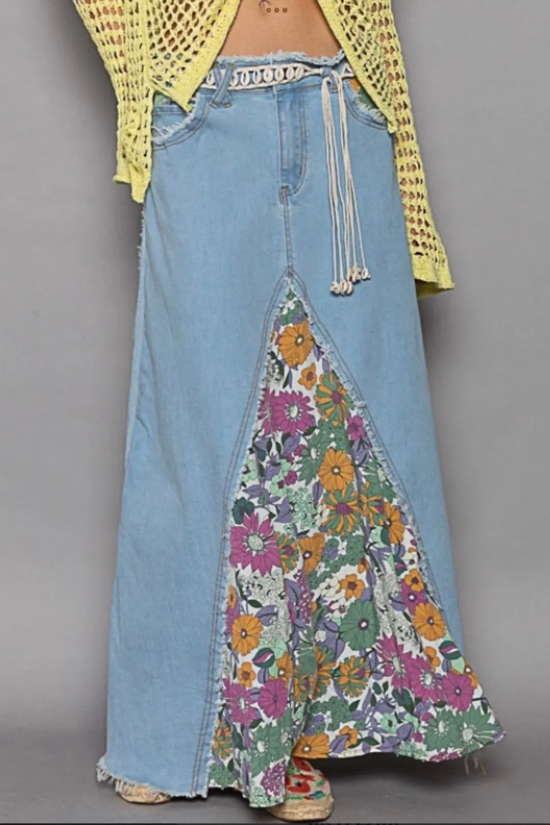 Flower Child Floral Patched Denim Maxi Skirt