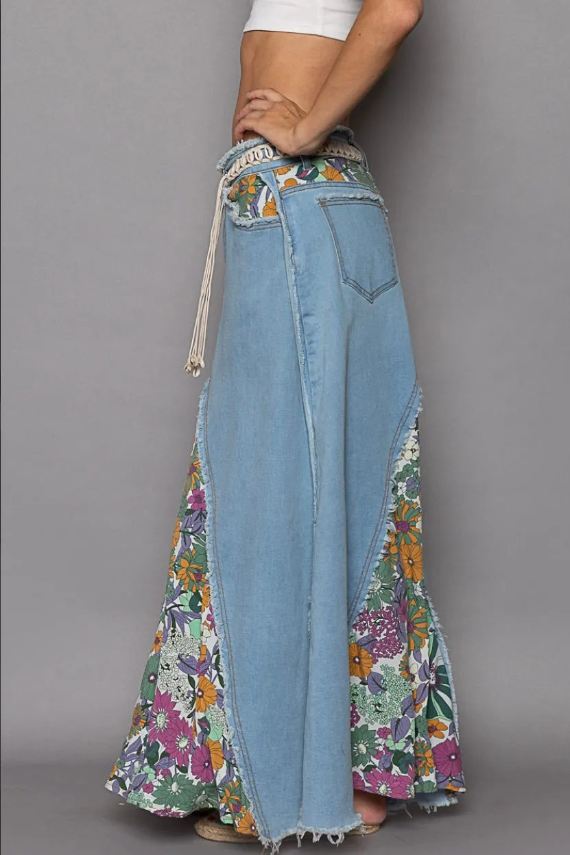 Flower Child Floral Patched Denim Maxi Skirt