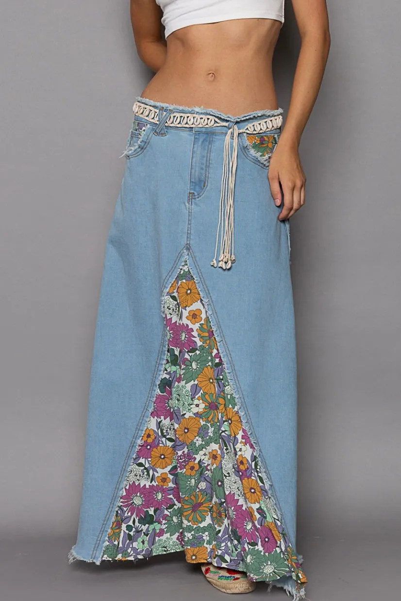 Flower Child Floral Patched Denim Maxi Skirt
