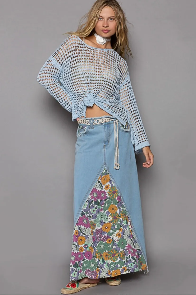 Flower Child Floral Patched Denim Maxi Skirt