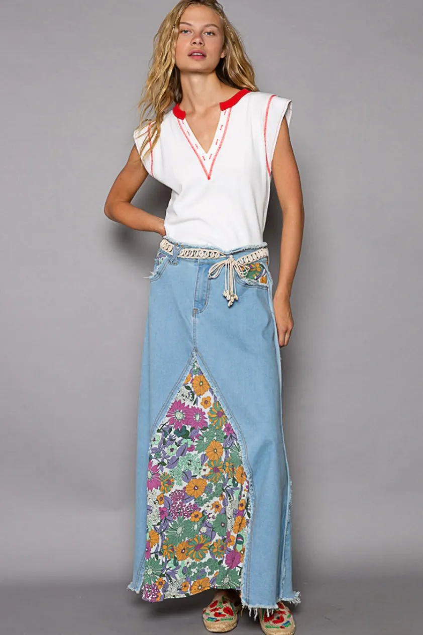 Flower Child Floral Patched Denim Maxi Skirt