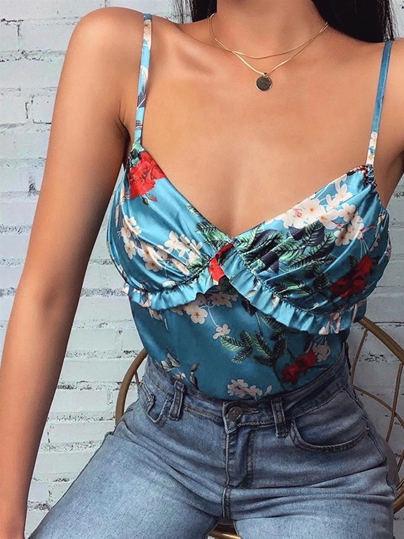 Frill Detail Cami Top in Blue with Red Floral Print