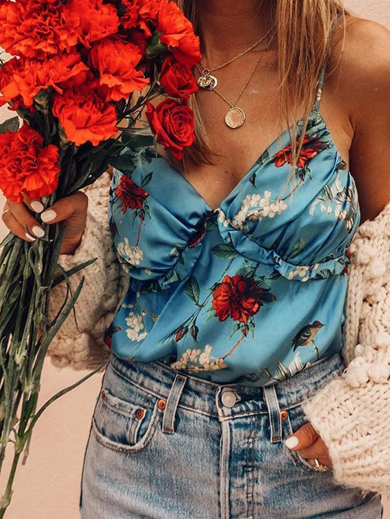 Frill Detail Cami Top in Blue with Red Floral Print