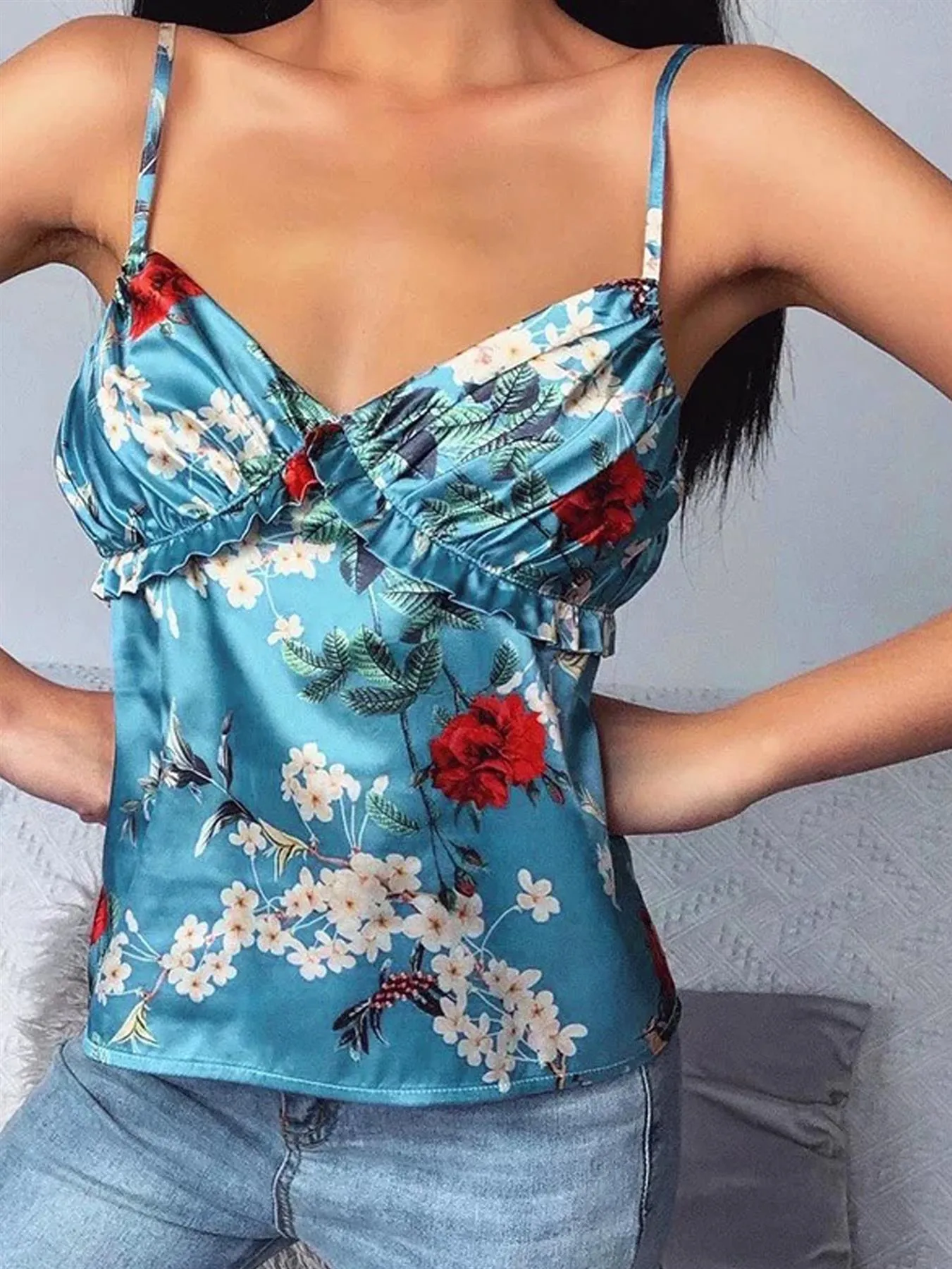 Frill Detail Cami Top in Blue with Red Floral Print