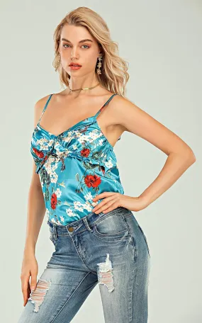 Frill Detail Cami Top in Blue with Red Floral Print