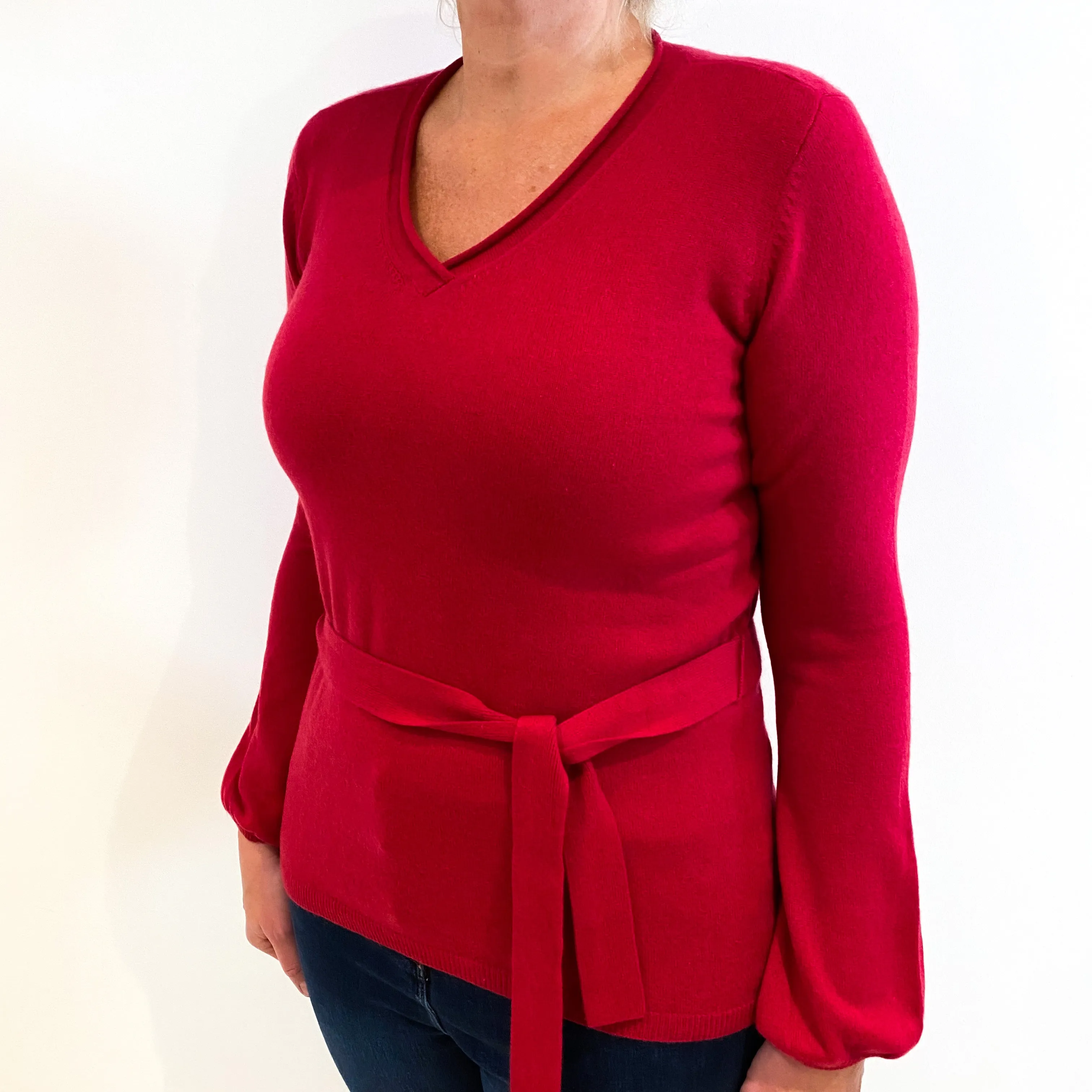 Fuchsia Pink Waist Tie Cashmere V-Neck Jumper Large