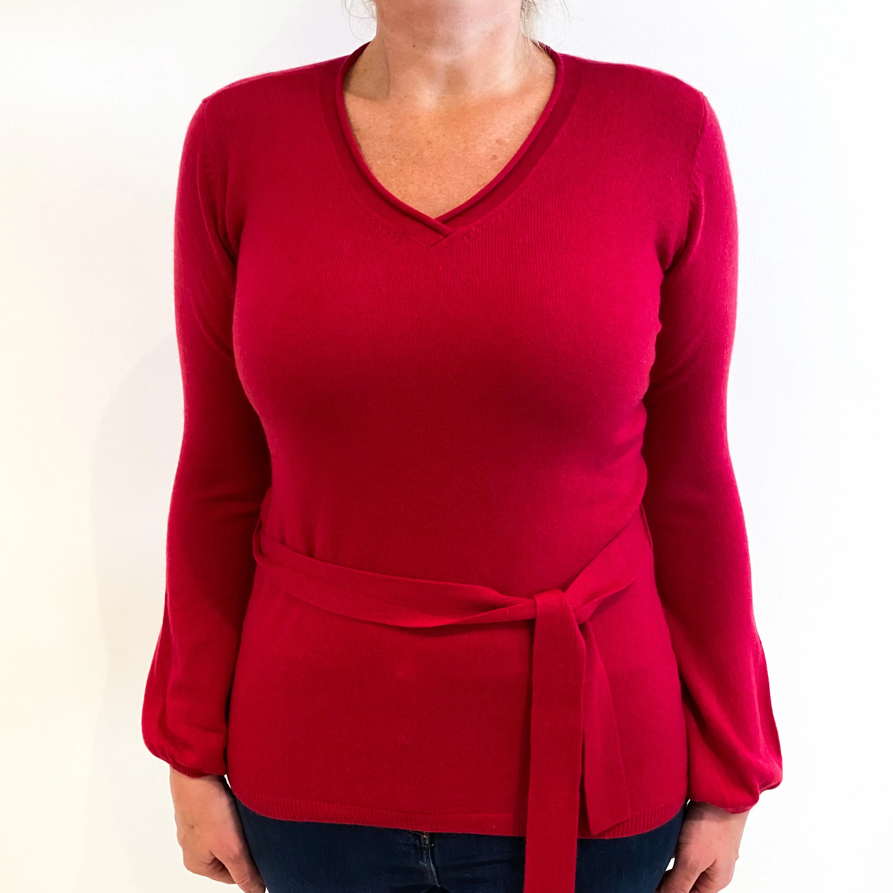 Fuchsia Pink Waist Tie Cashmere V-Neck Jumper Large