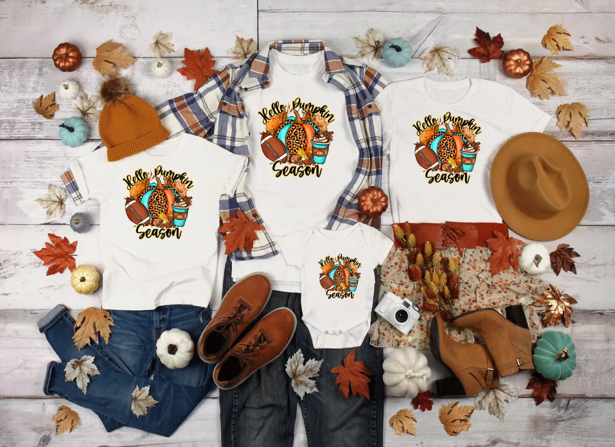 Hello Pumpkin Season Football Shirt, Tank, Sweatshirt & Matching Family Shirts. Perfect for a Fall or Thanksgiving Gift