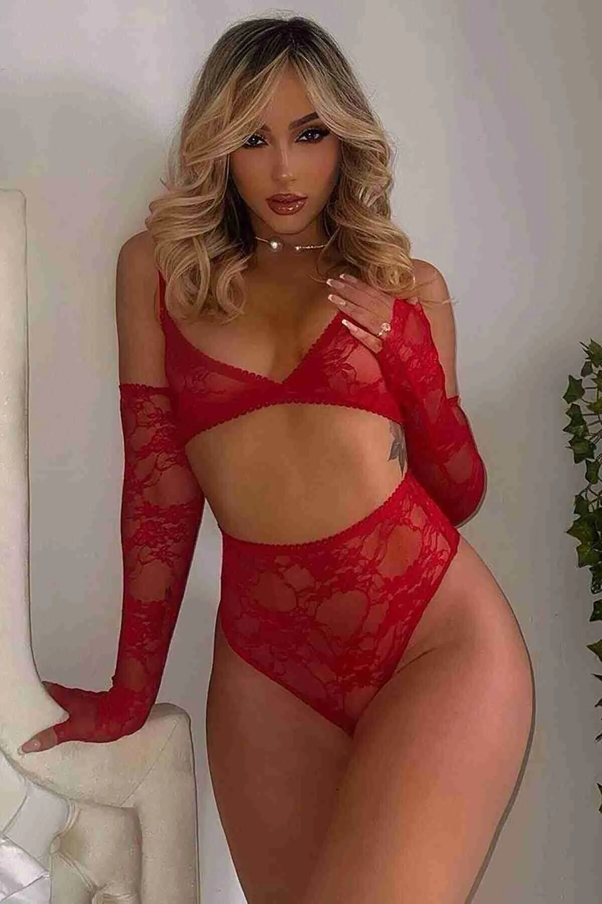 IGR Women Merry See Fantasy Gloved Bra and Panty Set Red - Houten