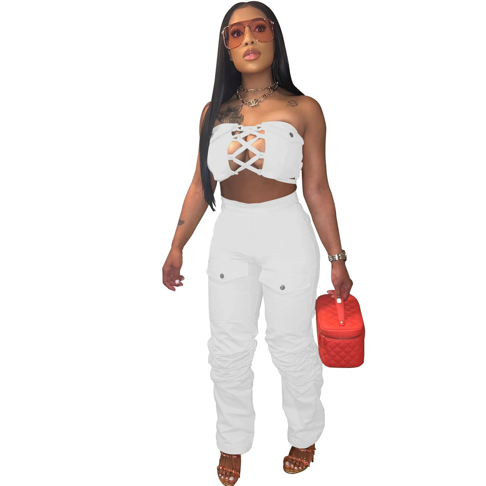 MB FASHION Strapless Lace-Up Bandeau Top and Cargo Pants Set 8374LY