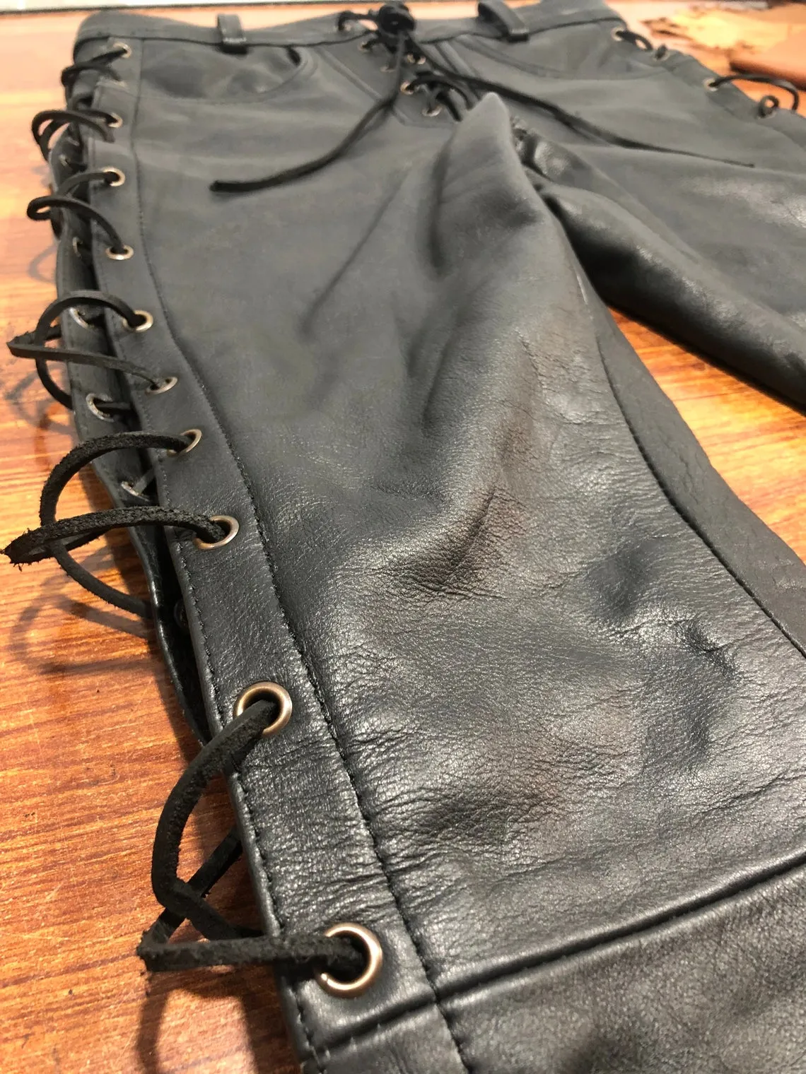 Mens Leather Side Laces Pants Genuine Cowhide Plain Skin Leather pants fashion killer pants