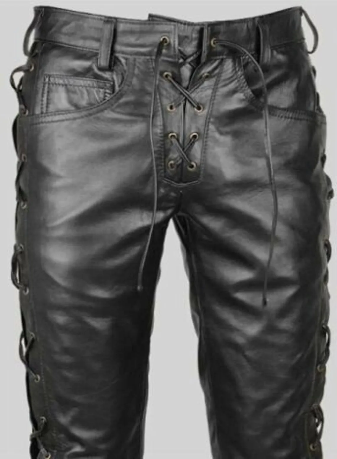 Mens Leather Side Laces Pants Genuine Cowhide Plain Skin Leather pants fashion killer pants