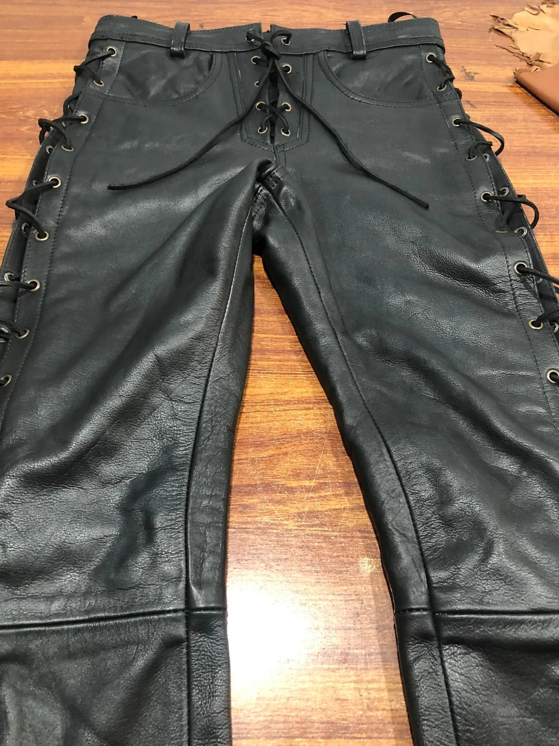 Mens Leather Side Laces Pants Genuine Cowhide Plain Skin Leather pants fashion killer pants