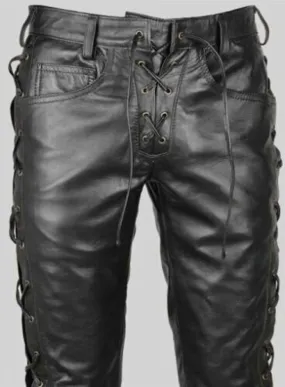 Mens Leather Side Laces Pants Genuine Cowhide Plain Skin Leather pants fashion killer pants