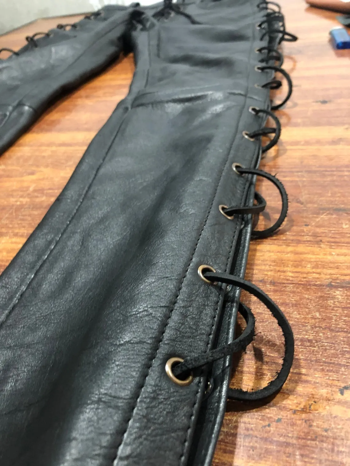 Mens Leather Side Laces Pants Genuine Cowhide Plain Skin Leather pants fashion killer pants