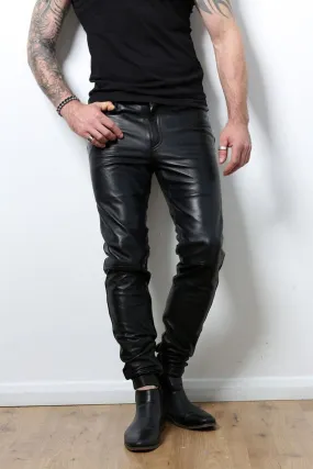 Men's Real High Quality Black Cowhide Leather Slim Fit Pants Luxury Slim Fit