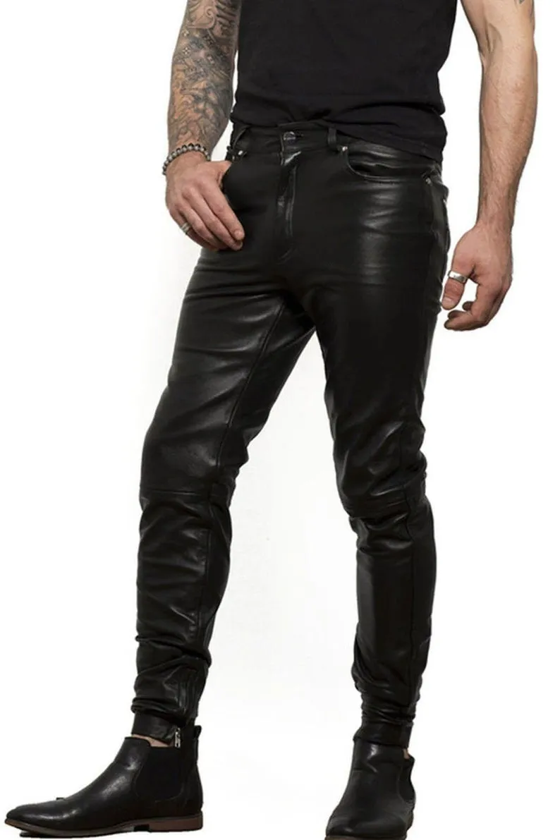 Men's Real High Quality Black Cowhide Leather Slim Fit Pants Luxury Slim Fit