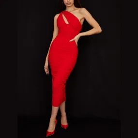 Miracle-  Red Ruched Mesh Bodycon Maxi Dress