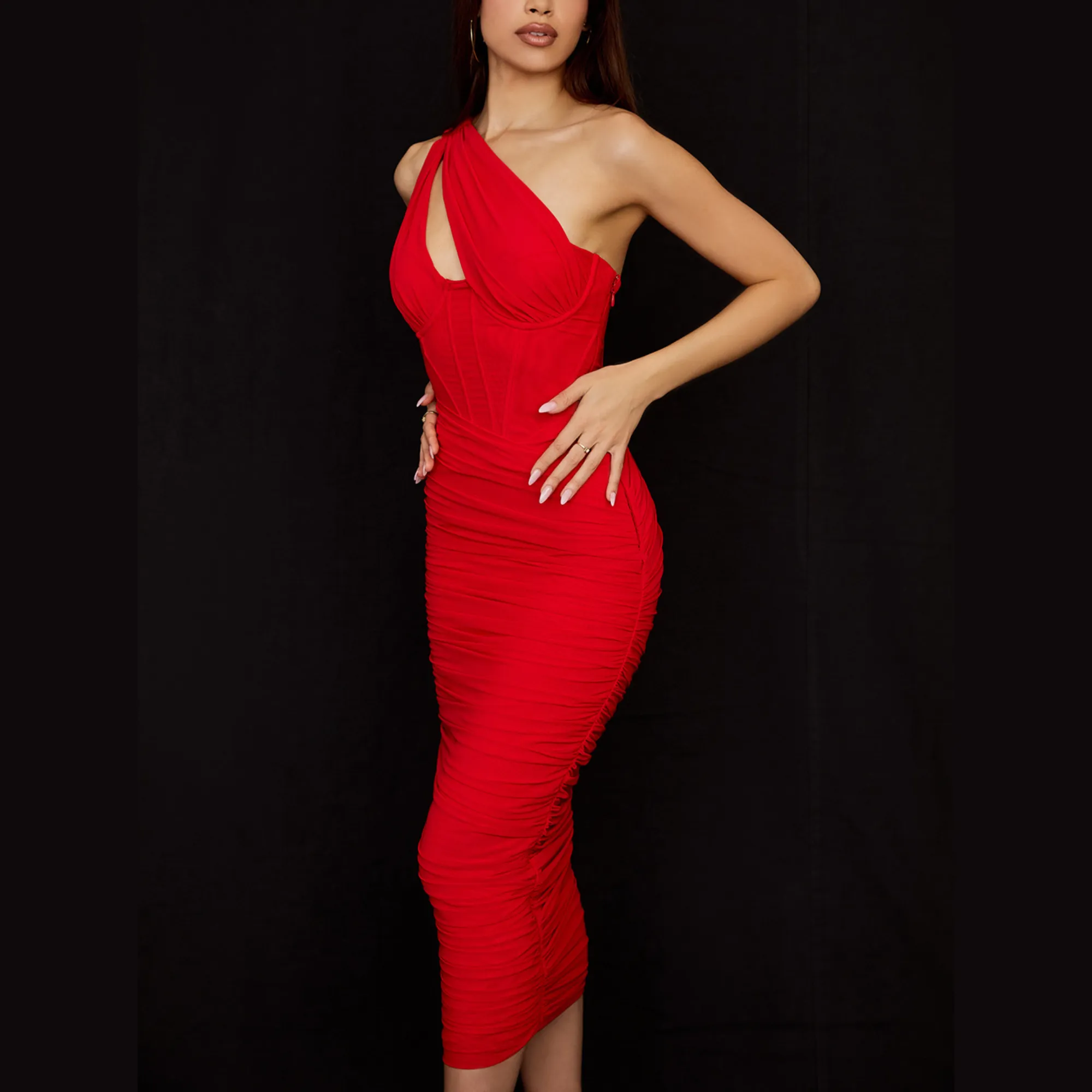 Miracle-  Red Ruched Mesh Bodycon Maxi Dress